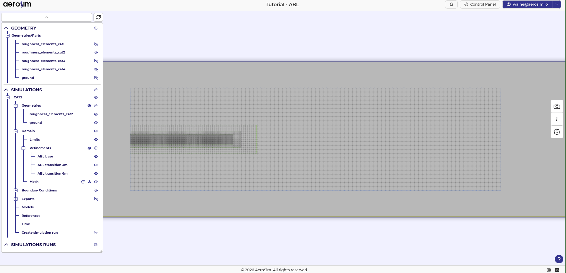 Top view of the ABL domain in the AeroSim interface, showing the three nested refinement boxes that concentrate resolution near the ground and around the region of interest.