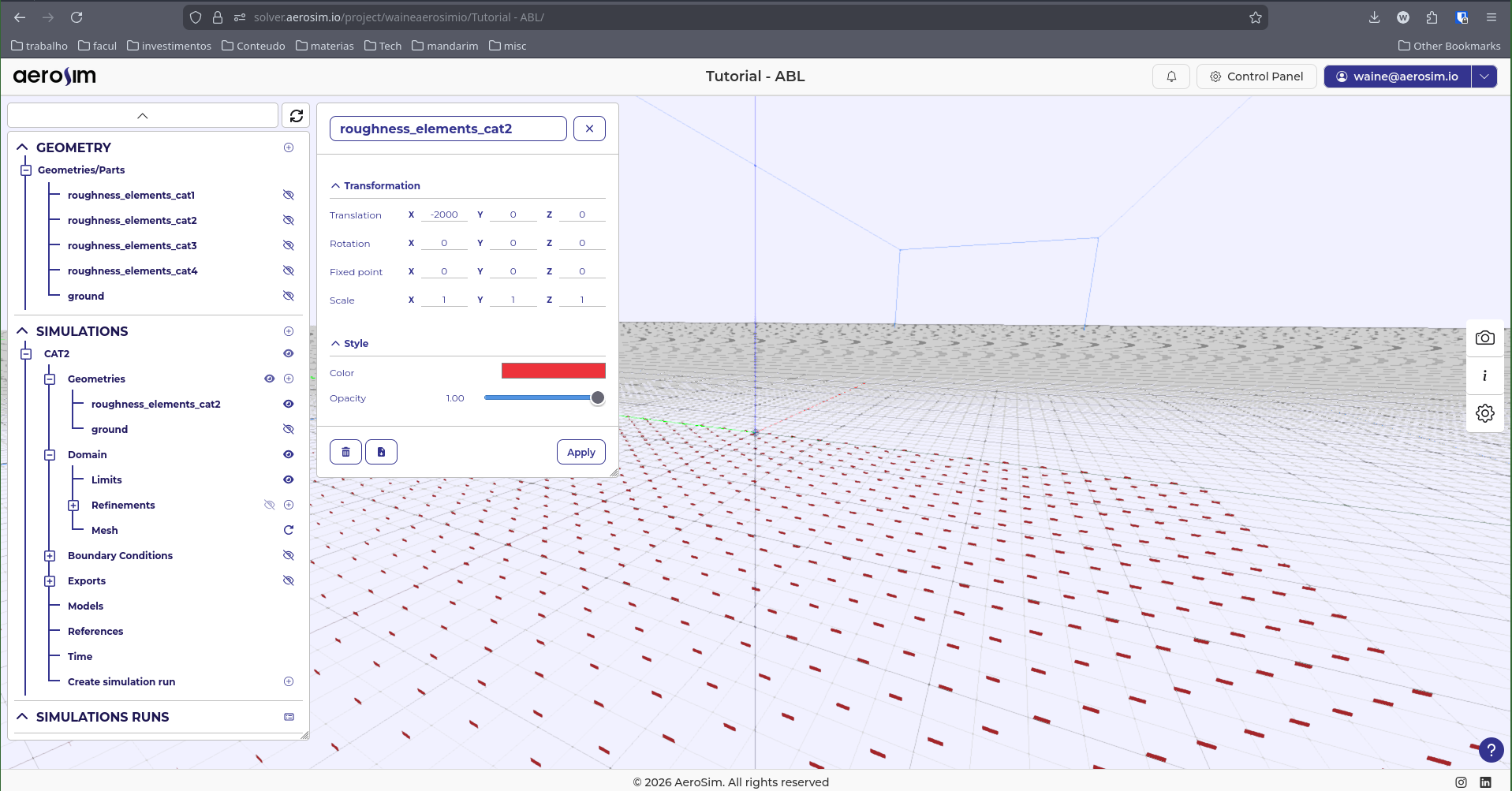 Roughness fin arrays for terrain category II as seen in the AeroSim interface