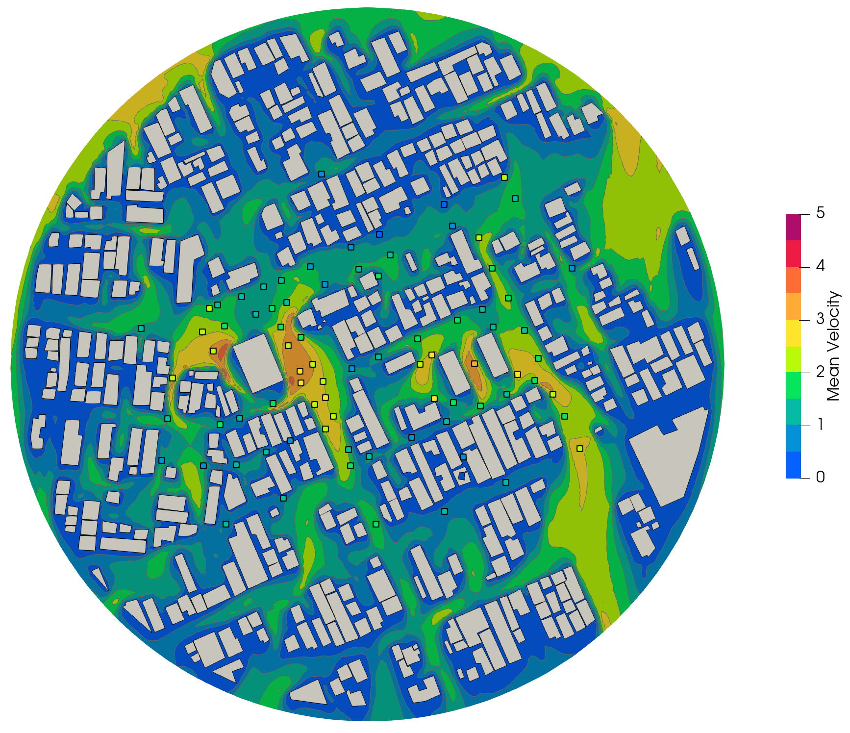 Pedestrian wind comfort validation: velocity colormap for the Niigata urban center, comparing AeroSim results against AIJ wind tunnel measurements.